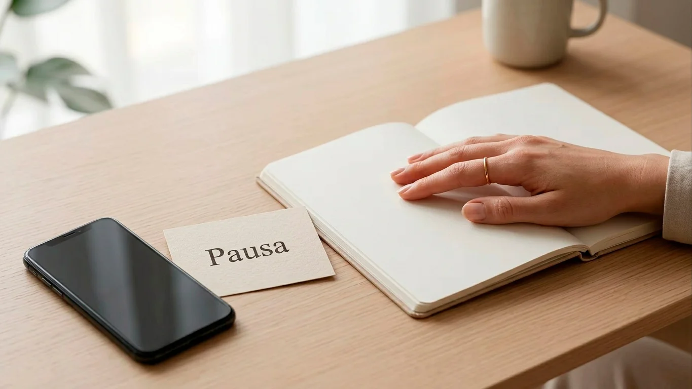 Persona che mette in pausa il telefono con un promemoria di aiuto responsabile